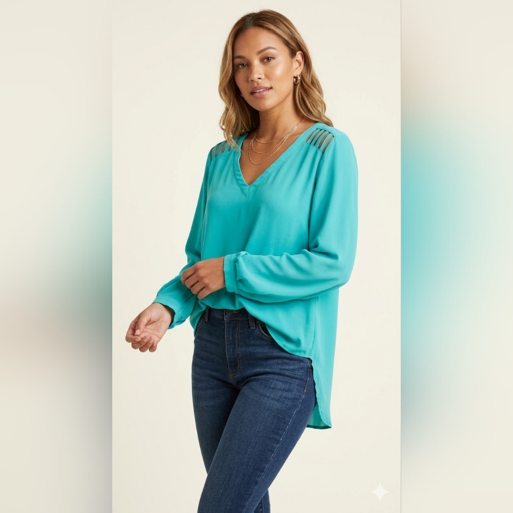 Lily White Teal Lattice Shoulder V-Neck Blouse